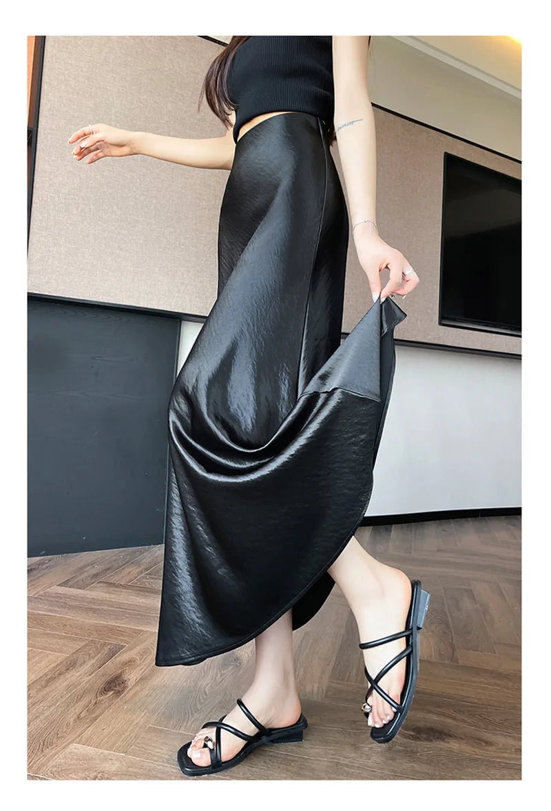 Zoki Chic Satin Elegant Long Skirt Women Casual Fashion High Waist Sweet Trumpet Skirts Slim Summer Female Korean Long Skirts.