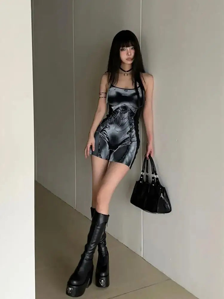2025, ärmelloses Tankkleid für Damen, Punk-Robe, Vintage-Stil, Harajuku-Druck, Mini-Y2k, ästhetische Basic-Bleistiftkleider, Sommer-Grunge-Vestidos.