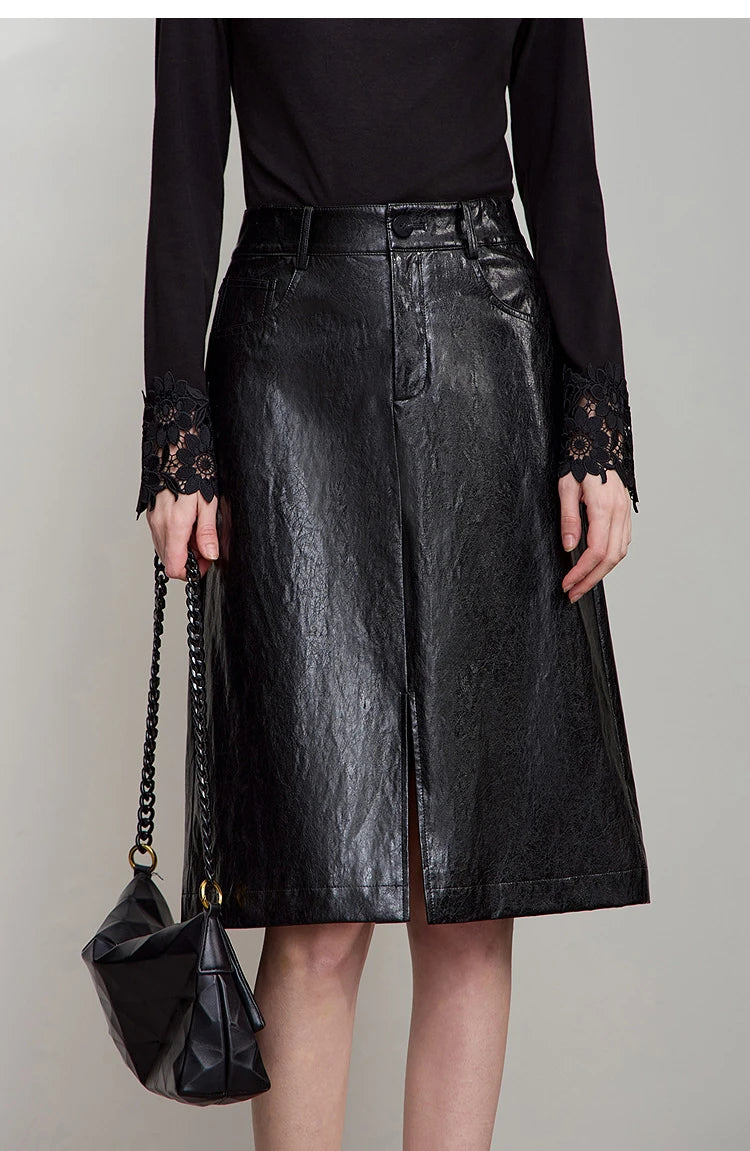 AMII Minimalist PU Leather Skirt For Women 2025 American Retro Knee-Length Skirt Solid Basics Business Women's Clothing 12553014