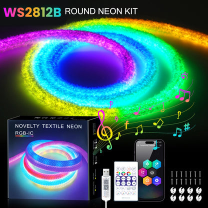 DC5V USB RGB LED Round Neon Light Strip Music Sync Control with App/Remote Addressable Lamp IP67 Waterproof for Indoor Outdoor.