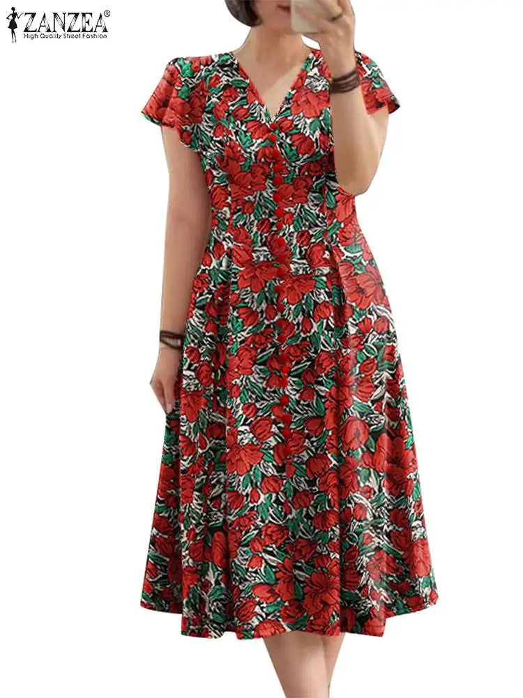 ZANZEA Elegante Frauen Floral Print Midi Kleid Sommer 2025, Casual Rüschen Kurzarm V-ausschnitt Vestidos Mode Cinched Taille Roben.