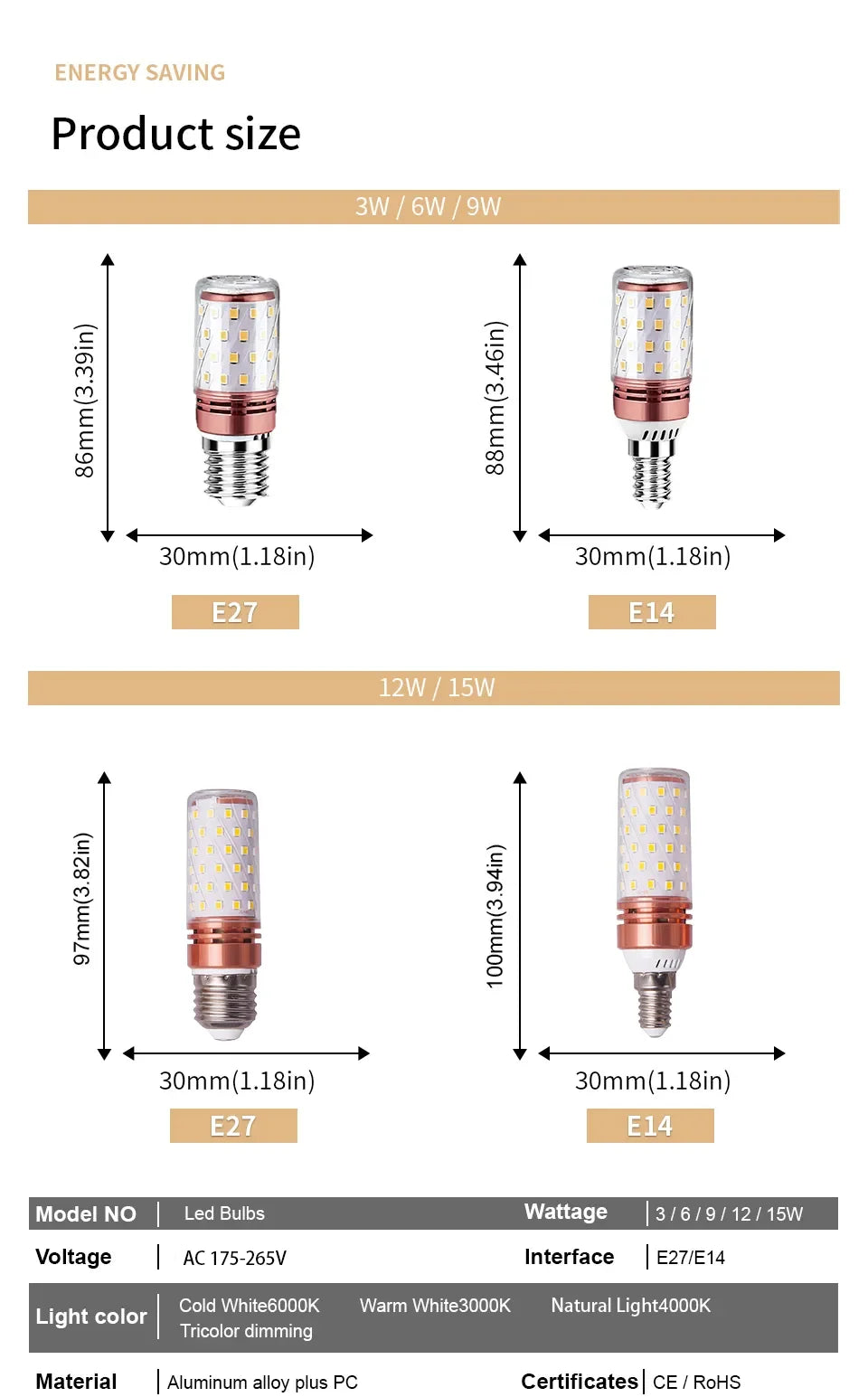 10PCS Corn Bulb Tube AC85-265V E27 E14 Screw 3/6/9/12/15W Easy To Assemble And Disassemble Suitable For Room Lighting.