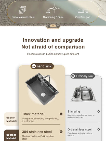 Edelstahl-Küchenspüle mit Wasserfall-Wasserhahn, integrierte Digitalanzeige, geprägtes Waschbecken für die Küche