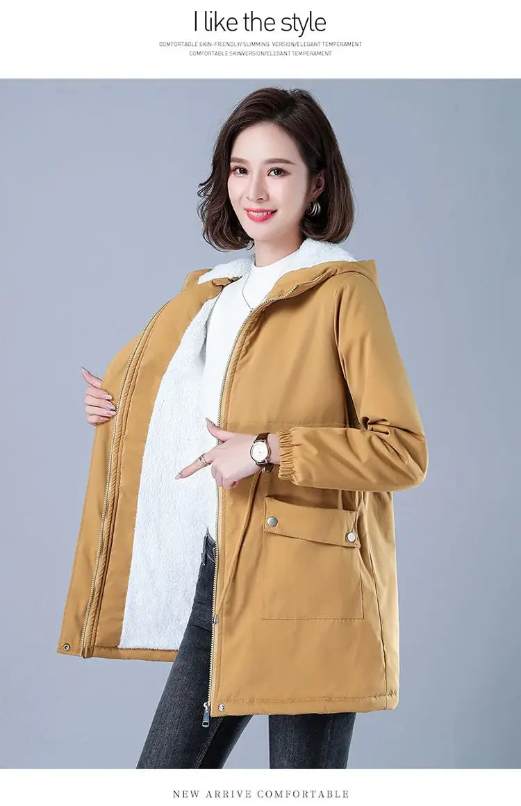 Fleece-gefütterte Kapuze, Daunenjacke, Wintermantel für Damen, warme, mit Kordelzug gepolsterte Parkas, mittellanger Mantel, Streetwear, gepolsterte Kleidung.