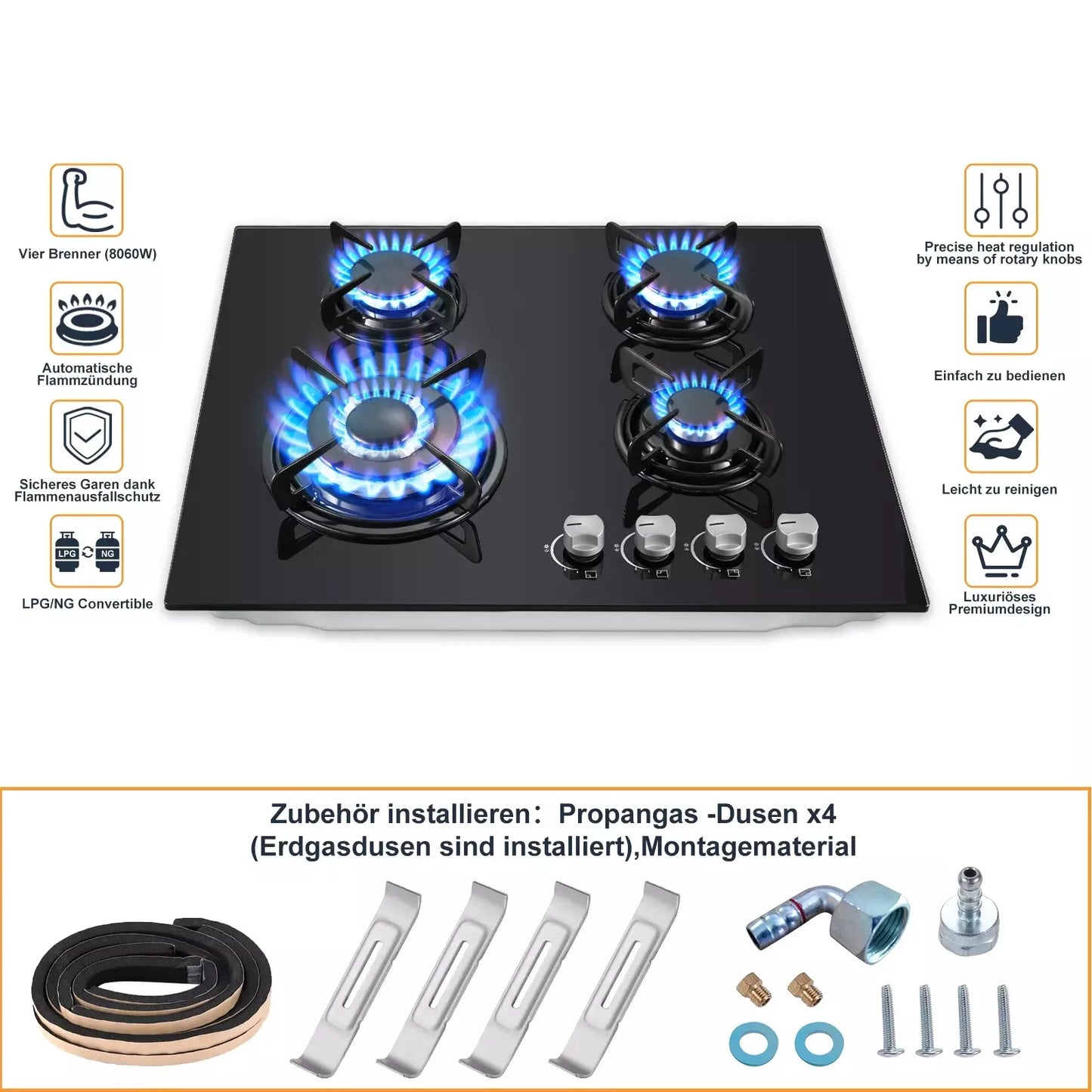 TopStrong 4-Burner Glass Ceramic Built-in Hob Natural Gas Propane Gas Hob.