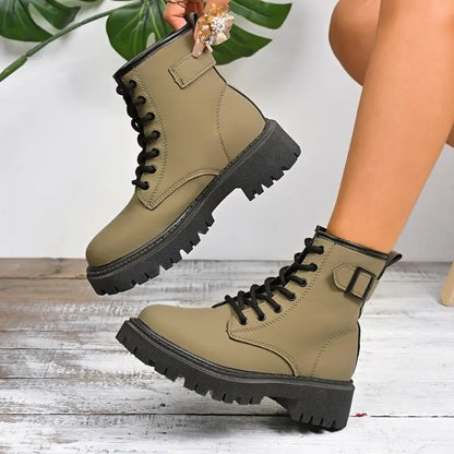 Chunky Platform Thick Heel Pink Ankle Boots Women 2025 Winter Punk Thick Bottom Lace Up Motorcycle Boots Metal Buckle Booties