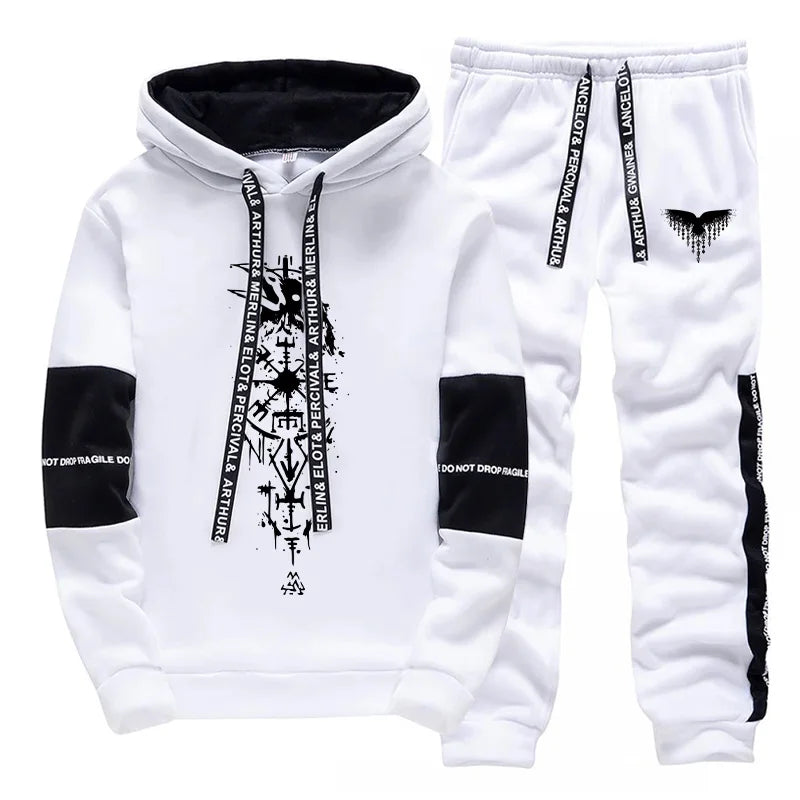 Fall Winter Daily Casual Sporty Jogger Sportswear Viking Raven Print Outfits 2025 New Fashion Men's Tracksuit Hoodies Sweatpants.