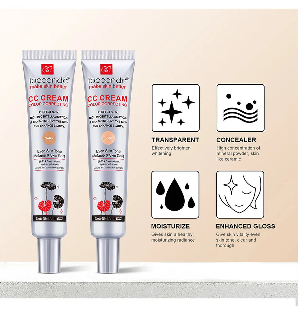 45ml Color Correcting CC Cream Facial Centella Asiatica Repair BB Cream Natural Concealer Whitening Liquid Foundation Cosmetics.