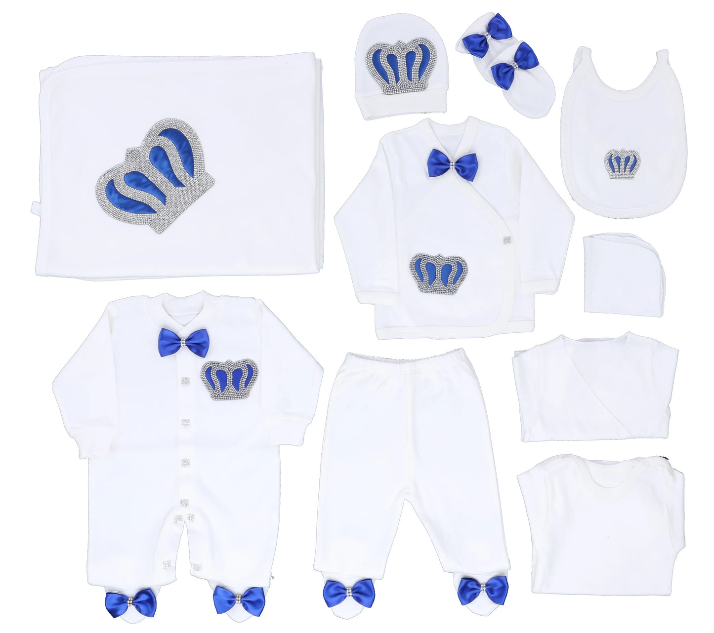 10-teiliges blaues 100 % Baumwollgewebe, gestrickt, Großhandel, individuell gestaltet, Neugeborene, neues Design, Winterkleidung, Kleidung, Luxus-Baby-Strampler-Set