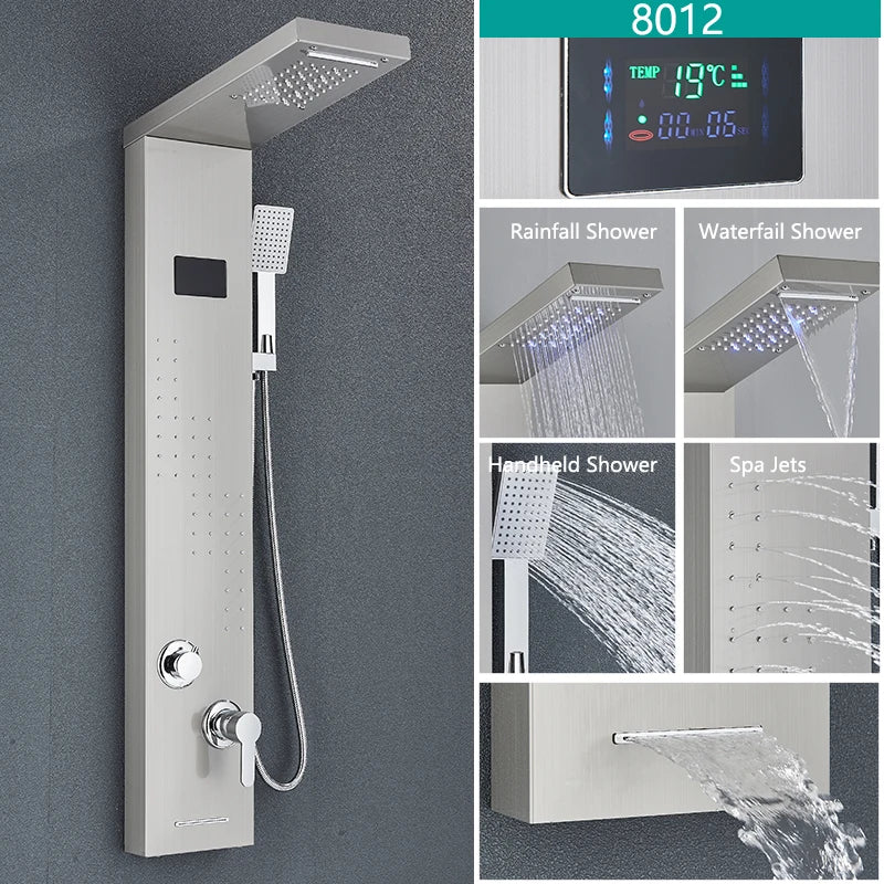 Bathroom LED Light Rain Waterfall Shower Panel Faucet Body Massage Jets Shower Faucet Stainless Steel Tub Spout Shower Column