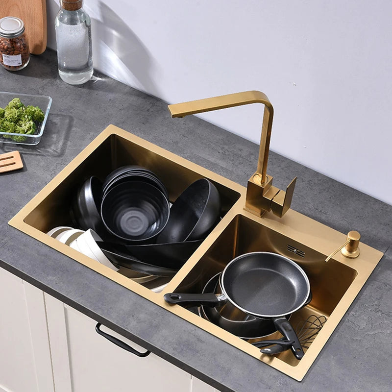 Goldene Küchenspüle über der Theke, Doppelschüssel, Goldkorb, Abtropffläche, Seifenspender, Waschbecken, Spülbecken aus Edelstahl 304, Spülbecken
