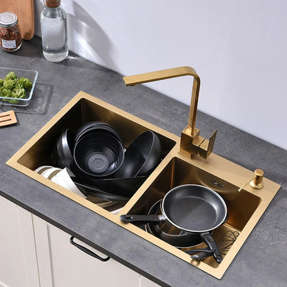 Goldene Küchenspüle über der Theke, Doppelschüssel, Goldkorb, Abtropffläche, Seifenspender, Waschbecken, Spülbecken aus Edelstahl 304, Spülbecken