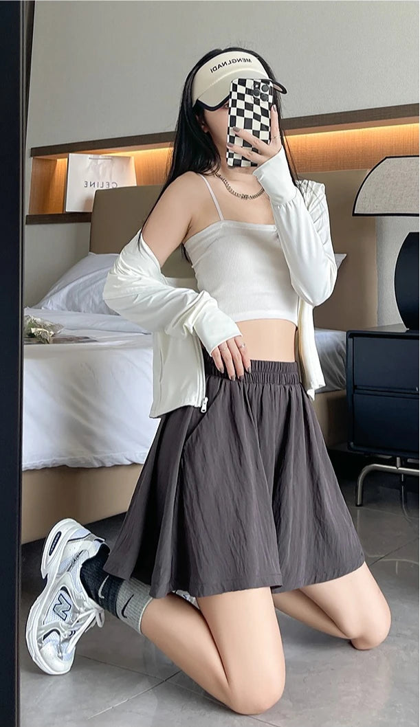 Women Quick Dry Sporty Short Pants Summer Thin Pleated Shorts Skirts High Waist A- Line Five Quarter Pants Cool Wide Leg Pants