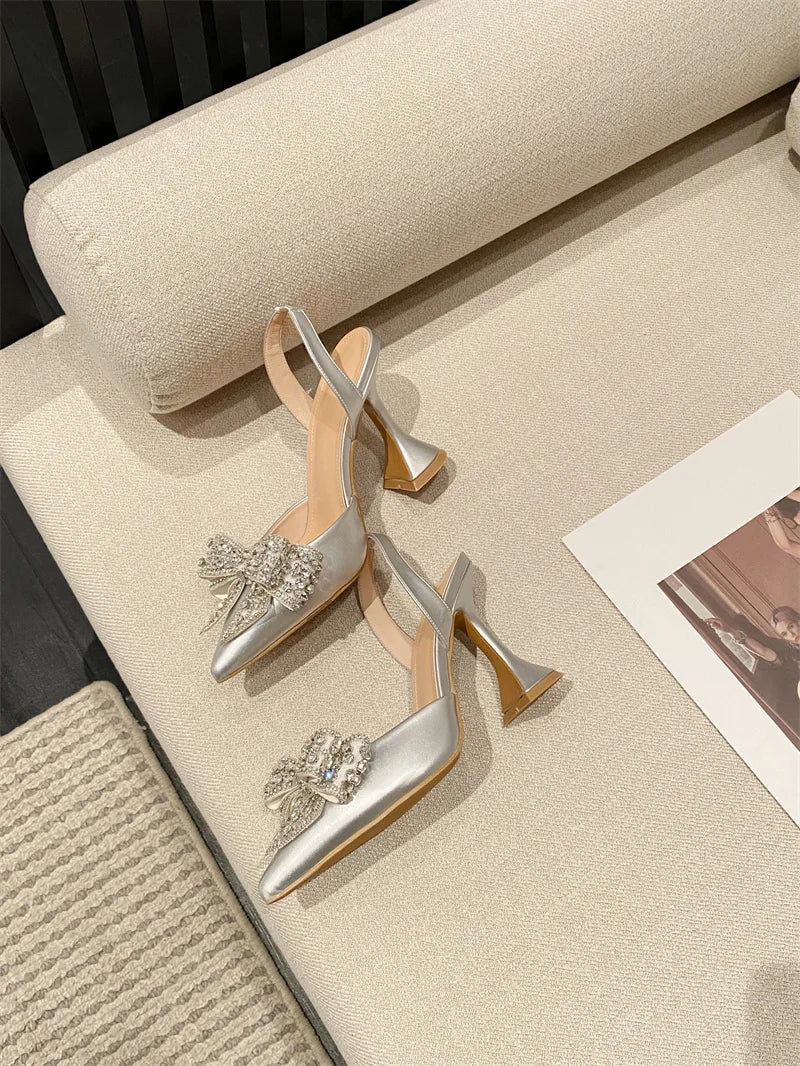 Liyke Spring Summer Fashion Rhinestone Bowknot Women Pumps Sexy Silk Pointed Toe Strange High Heels Party Prom Shoes Gold Silver.