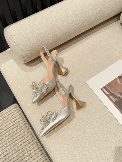 Liyke Spring Summer Fashion Rhinestone Bowknot Women Pumps Sexy Silk Pointed Toe Strange High Heels Party Prom Shoes Gold Silver.