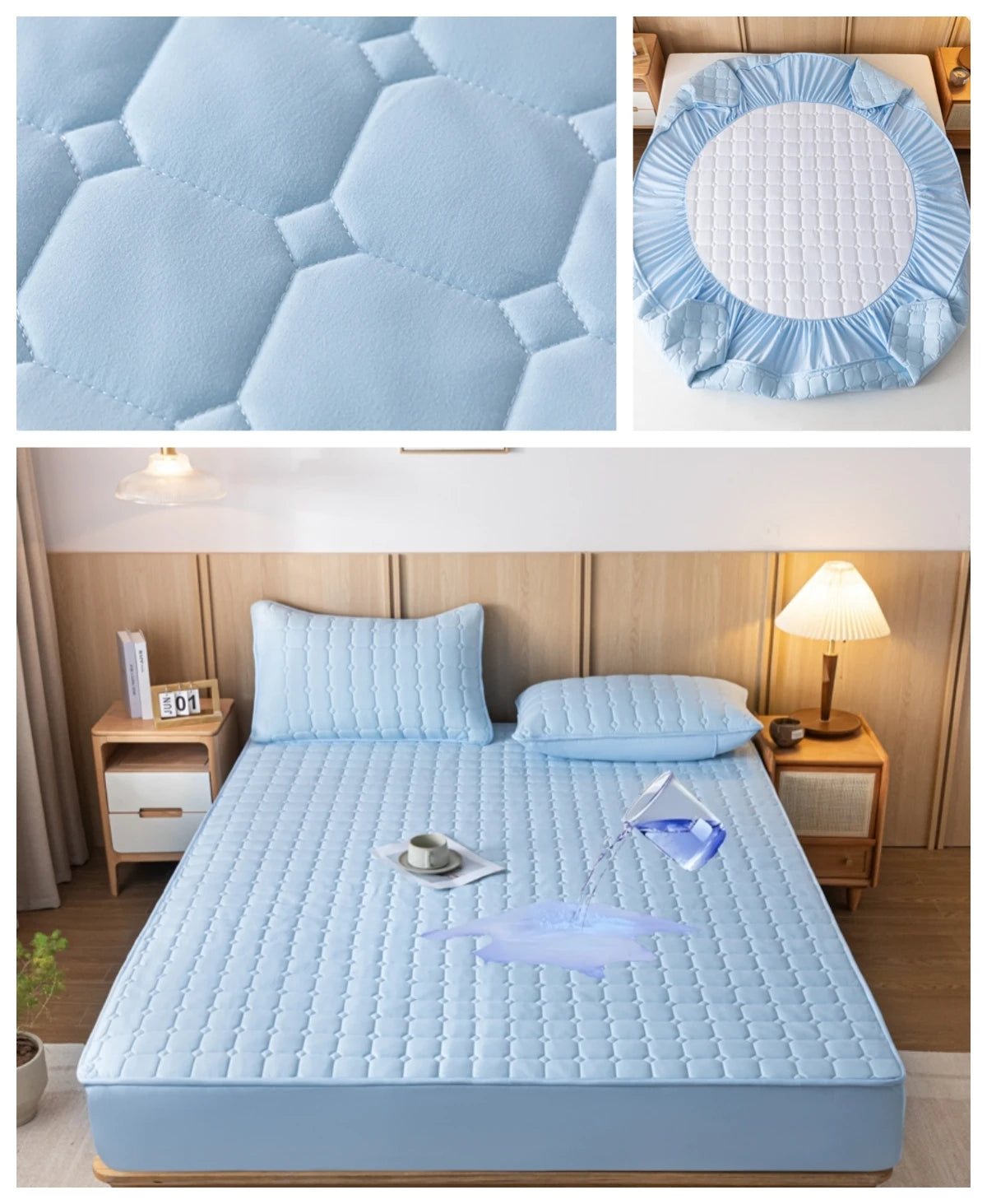 Kuup Fashion Queen Size Mattress Protector Waterproof Quilted Fitted Sheet Solid Color Bed Cover - No Pillowcase Included.