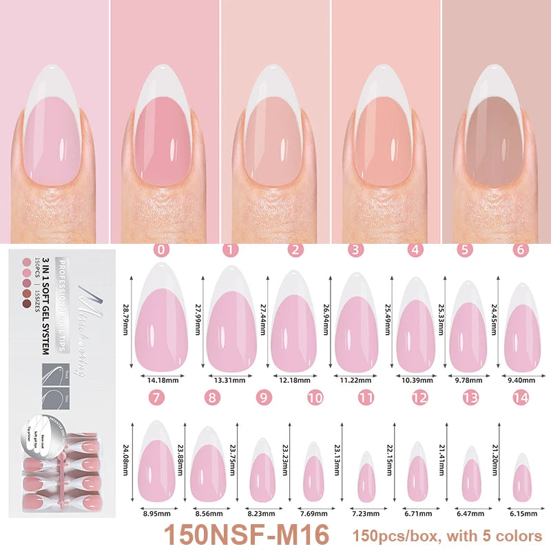 150Pcs/Box Acrylic Press on Nails Full Cover Fake False Tips Soft Gel Extension T-shaped Oval Capsule Almond Sculpted Salon DIY