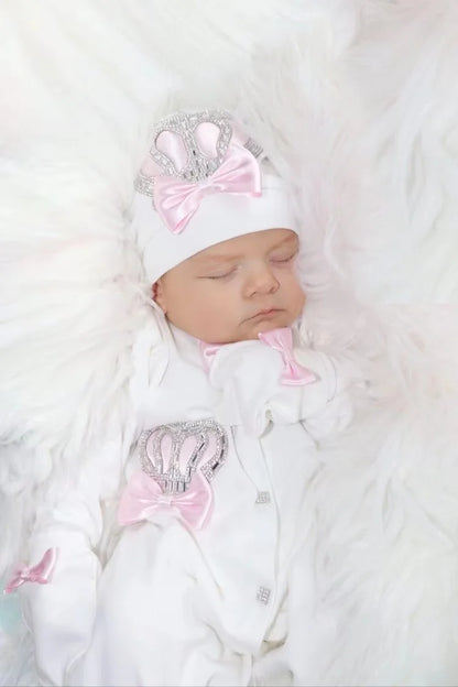 5pcs Handmade DIY Vinyl Name Personalized Baby Girl Newborn Jewels Crown Pink Take Me Home Layette 5 Piece Deluxe Gift Set.