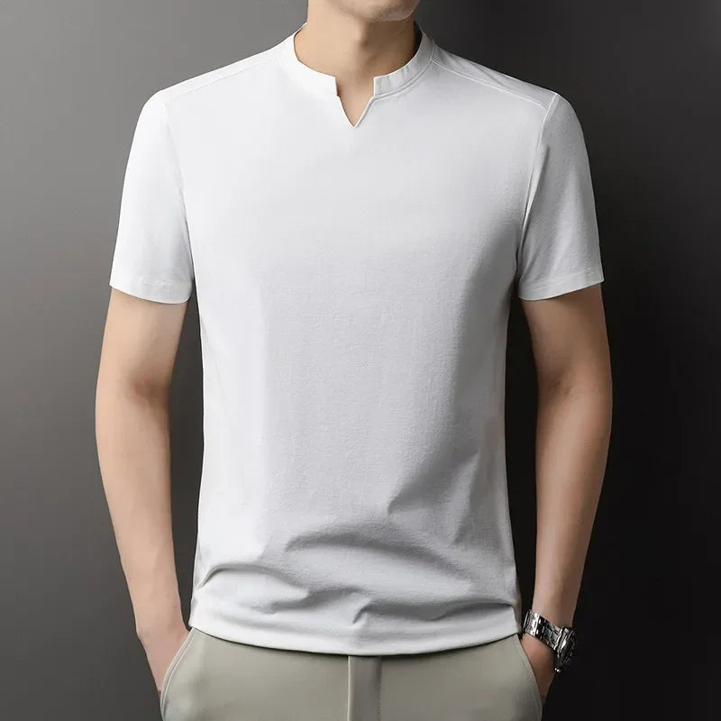 Korean Men's Casual and Fashionable Small V-neck Solid Color Short Sleeved T-shirt Comfortable Summer Versatile Top