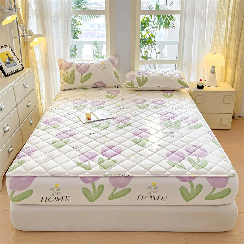 1pc Floral Style Bed Cover Quilted Bedspread Non-slip Mattress Protector Adults Kids Room Bedsheets 매트리스 커버 (No Pillowcase).