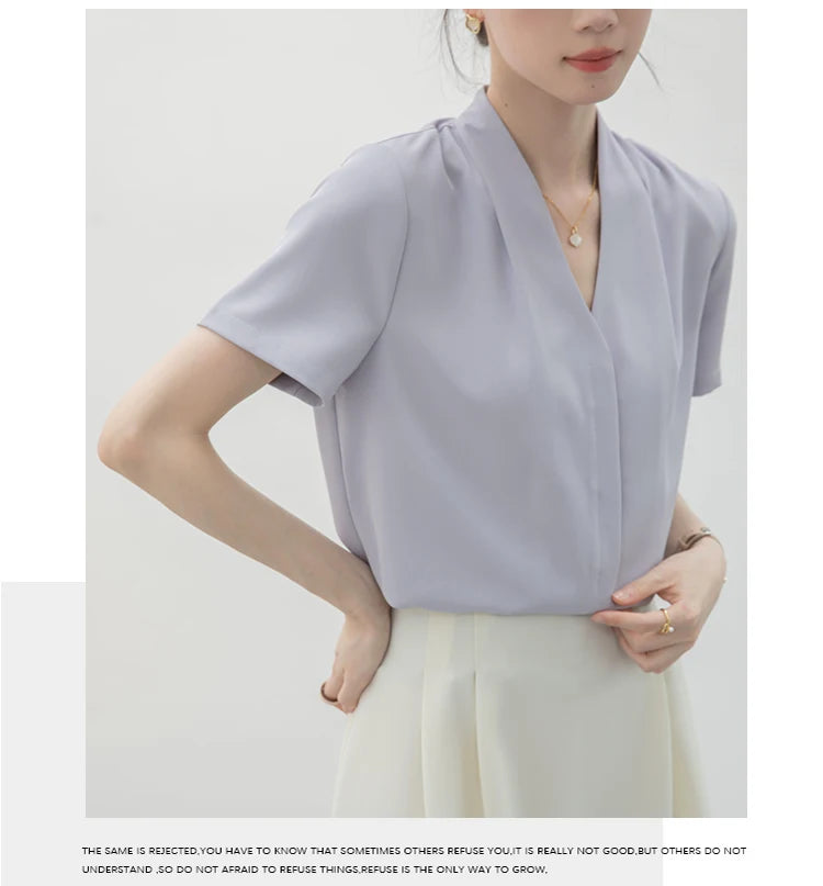 2025 Fashion Summer Short Sleeve V-Neck Women Blouse White Blouse Shirt Women Tops Blouses Shirts Blusas Para Mujer Camisas XL86.