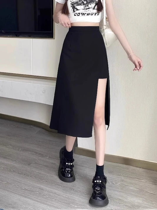 2023 New High Waist Hip Skirt Irregular Slit Black Skirt for Women Summer Mid-length A-line Harajuku Vintage Women Clothing.