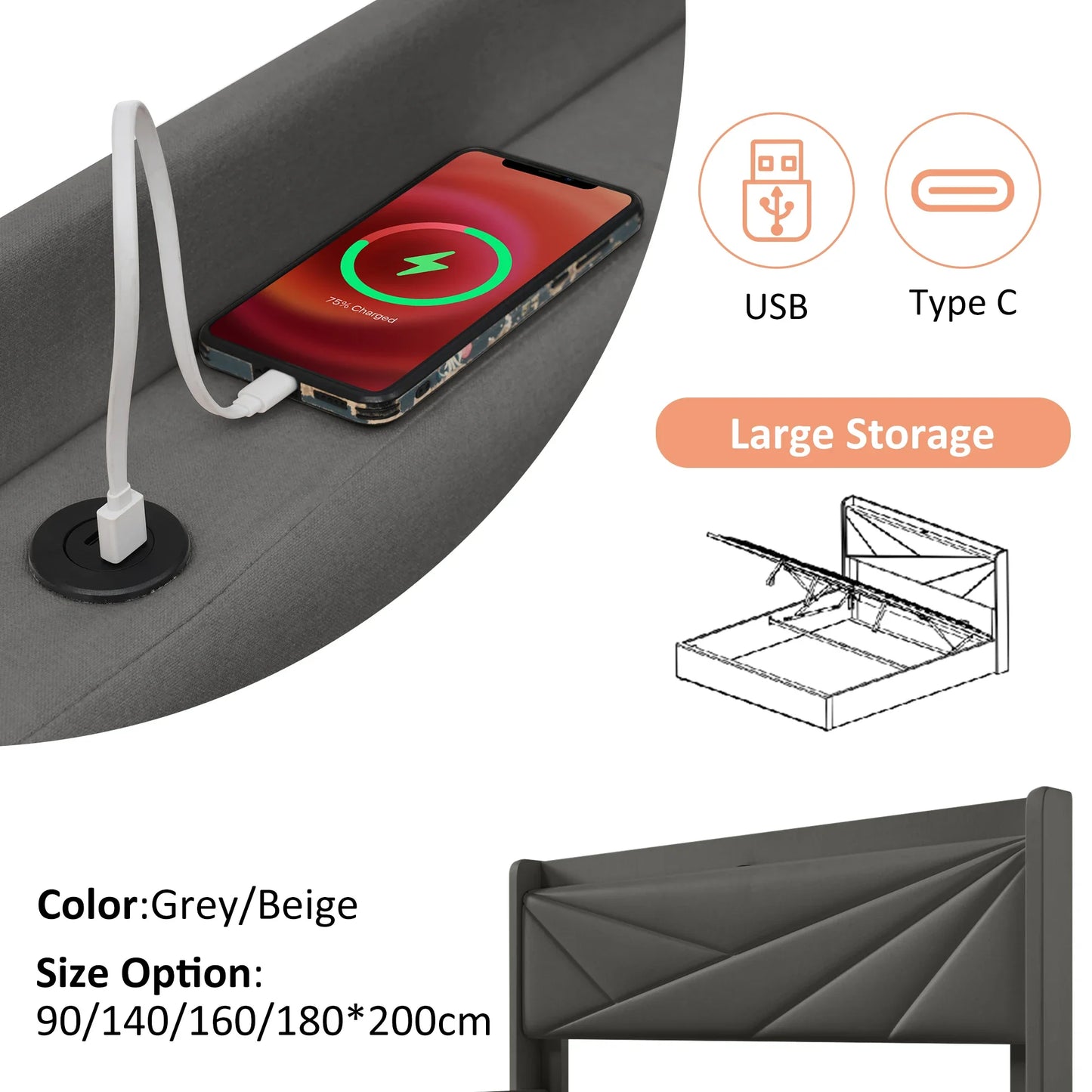 90/140/160/180 * cm Polster bett Doppel-Stauraum box mit USB-Typ-C-Lade kopfteil (Matratze nicht im Lieferumfang enthalten)