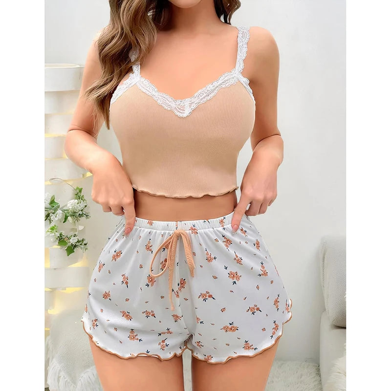 Frauen Pyjama Set Spitze Patchwork V-ausschnitt Nachtwäsche Sexy Nachthemden Anzug Leibchen Top Gedruckt Shorts Weiche Pyjamas Loungewear.