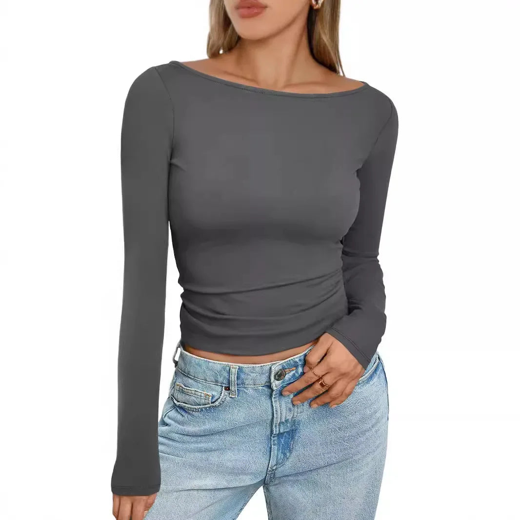 Summer Spring Slim-fitting Women's Clothing New One-neck Long-sleeved T-shirt Blouse Top Skinny Solid Color Tee.