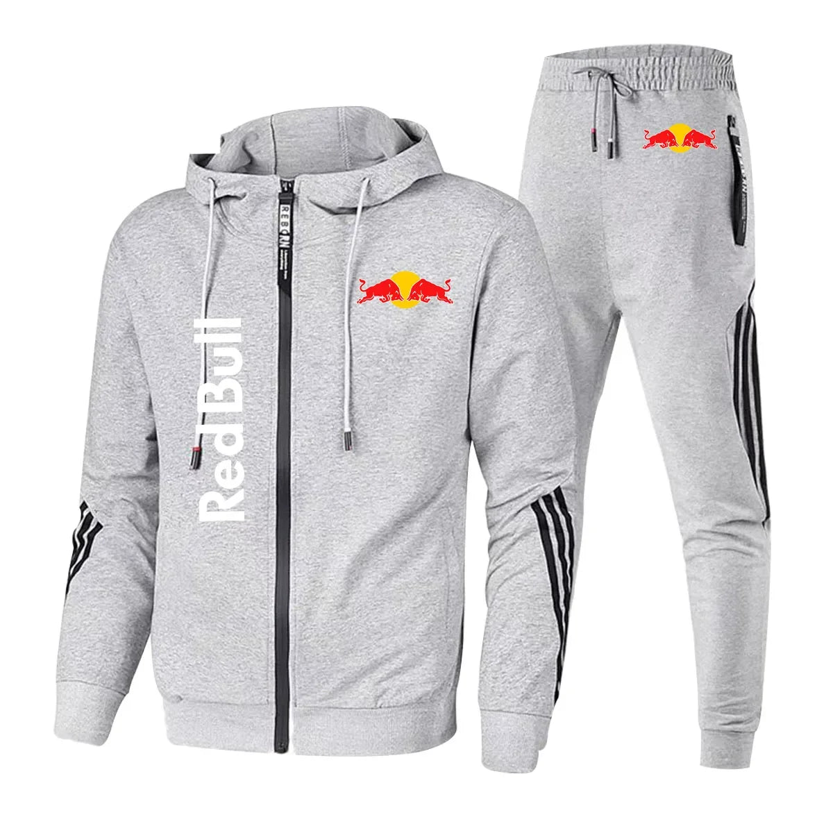 2025 Red Bull Brand Logo Printed Men's Zipper Hoodie With Casual Trousers Cycling Sports Two-piece Solid Color Simple Men's Suit.