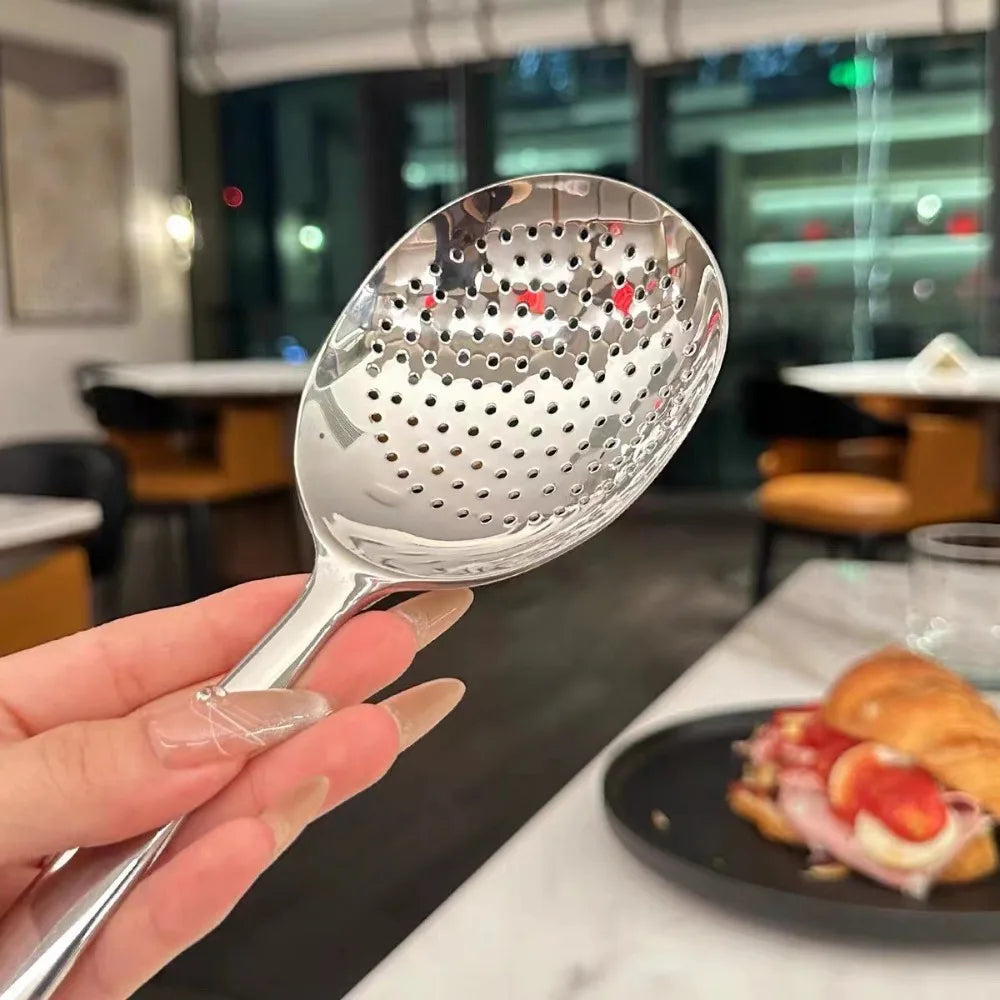 1Pc Big Head Stainless Steel Round Spoon Large Size Dining Spoon Rice Serving Spoon Drain Hole Heat Spoons Kitchen Tool Utensils.