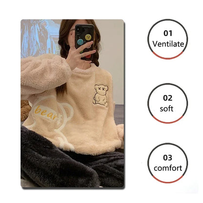 Verdickte warme Flanell-Damen-Nachtwäsche, Homewear für den Winter, O-Ausschnitt, Tops und Hosen, Nachtwäsche, Loungewear, zweiteiliges Set, Pyjamas.