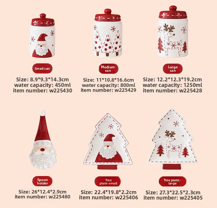 Nordic Stitching Santa Claus Dishes Plates Tableware Set Embossed Sealed Jar Seasoning Jar Western Ceramic Flat Plate Cup.