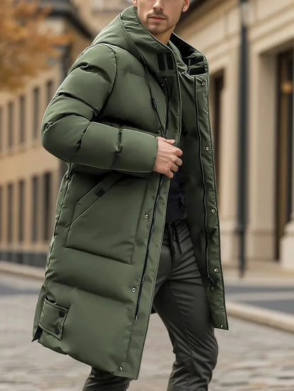 Men'S Heavyweight Winter Coat Windproof Cold Weather Jacket with Full-Length Zipper, Hooded Long Formality, Large Front Pockets.