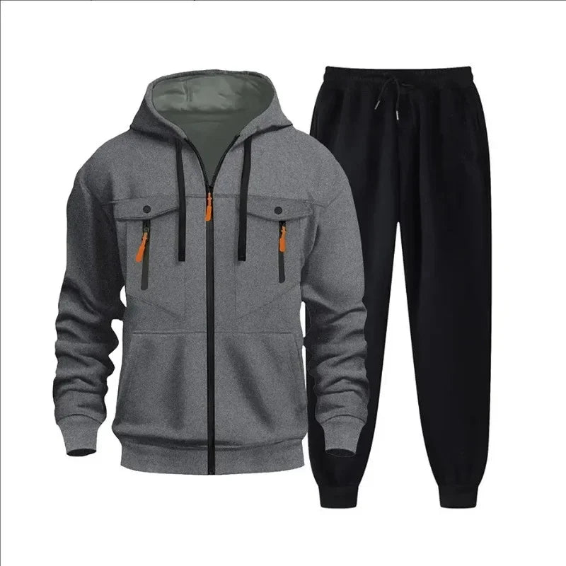 Autumn and winter new men's sweatshirt sport set, fashionable windproof and warm men's zipper hoodie and pants 2-piece set.