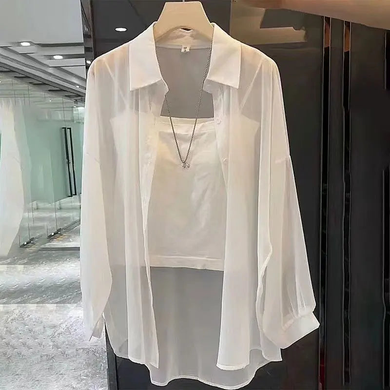 Sheer Chiffon Shirt Women's Casual UV Resistant Cardigan Summer Thin Commuting Coat Japanese Fashion Mesh Sunscreen Clothing Y2k.