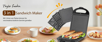 TAYLOR SWODEN 3-in-1 sandwich maker, waffle iron, baking tray, 1200 W, for 4 sandwiches, removable non-stick tray, 180° rotation.