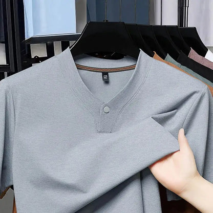 Men's T-shirt Classic V-Neck Short Sleeved Cotton Solid Button Super Soft High Quality L-4XL Casual Tshirt Design Men Tee Shirts.
