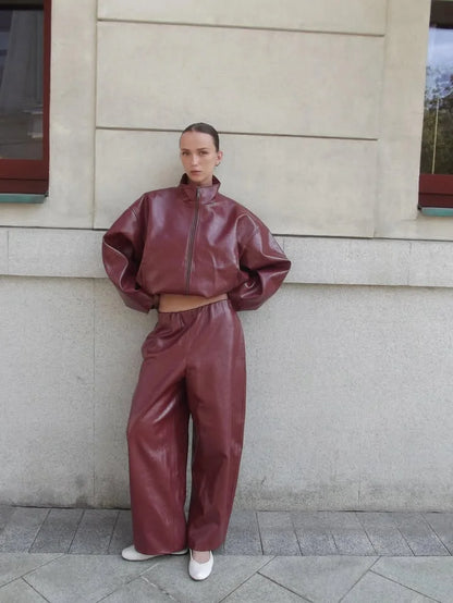 Chic Stand Collar Leather Long Skirt Sets Women Long Sleeve Jackets Spliced Solid Skirts 2025 Autumn Lady Y2k Outfits dress