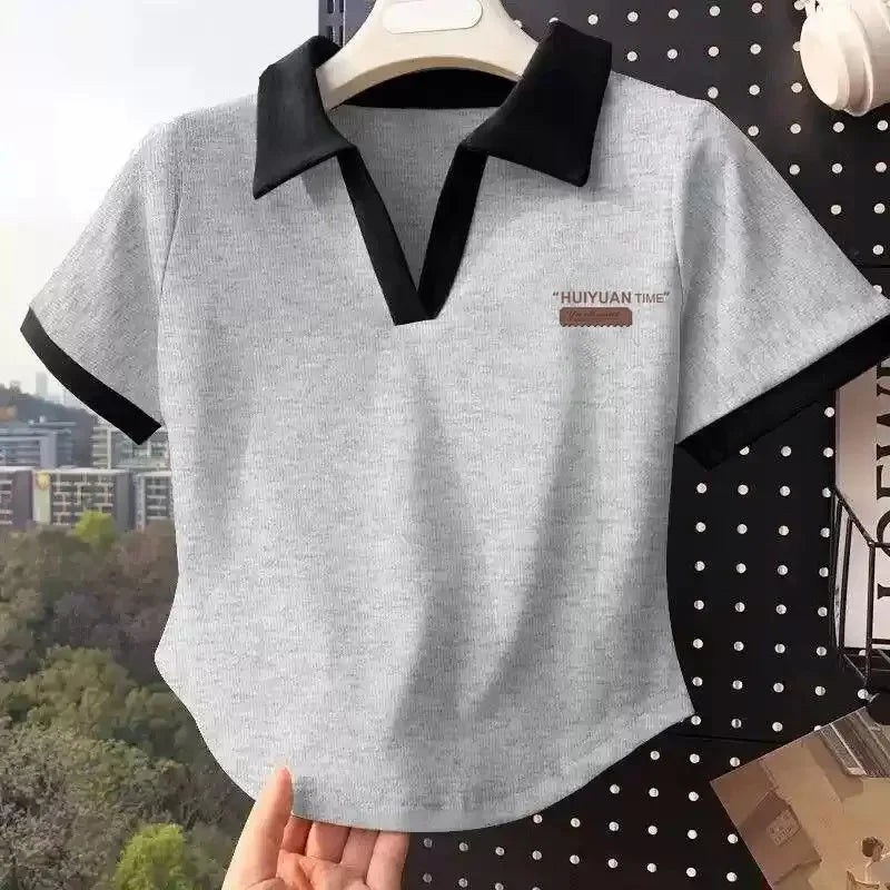 Color Block Polo Neck Short Sleeve T-Shirt Women's Fashion Summer Top plus Size Small Figure Friendly Cotton Blend T-Shirt