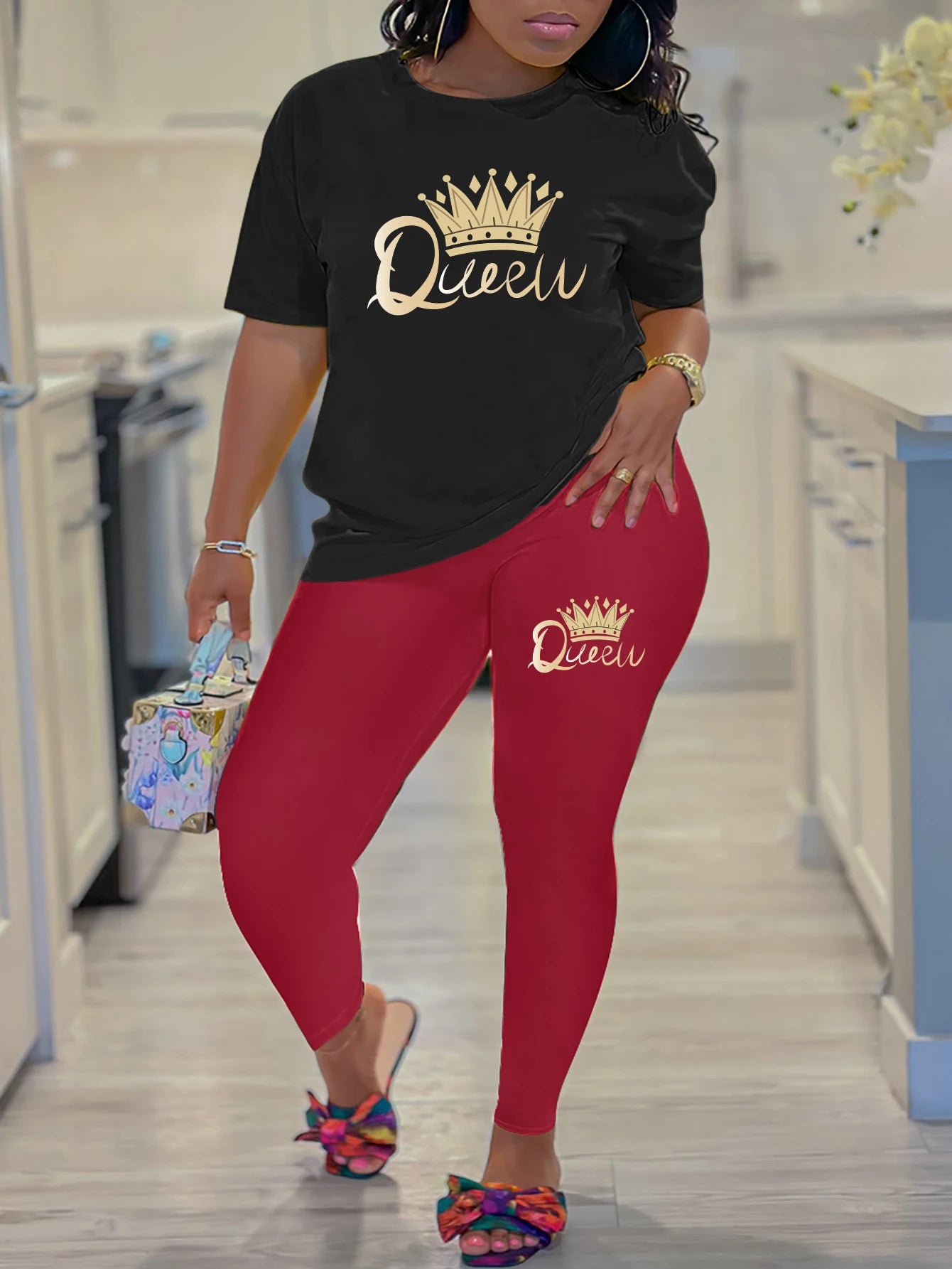 2024 New Summer Women's Printed Comfortable Casual Set 2 piece sets women outfit pants set queen letter printed Short Sleeve Top.