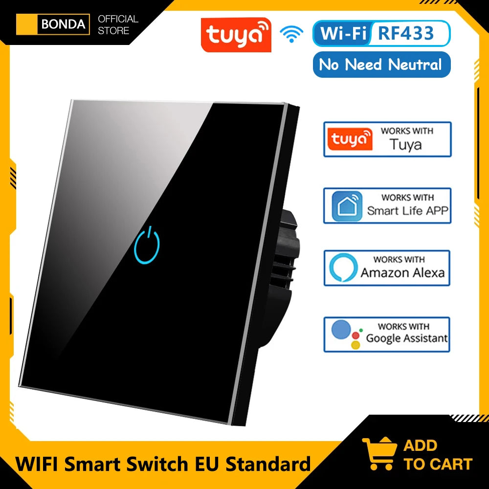 BONDA Smart Switch Alexa RF433 Keine neutrale Tuya-Steuerung funktioniert mit Google 1/2/3 Gang Smart Life Home Light WiFi Touch Switches 86.