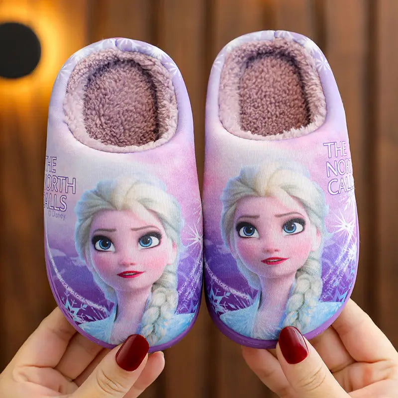 Disney Princess Elsa Winter Children's Heel Cotton Slippers Girls' Warm Frozen Kids' Cotton Black Purple Flats Shoes Size 24-40