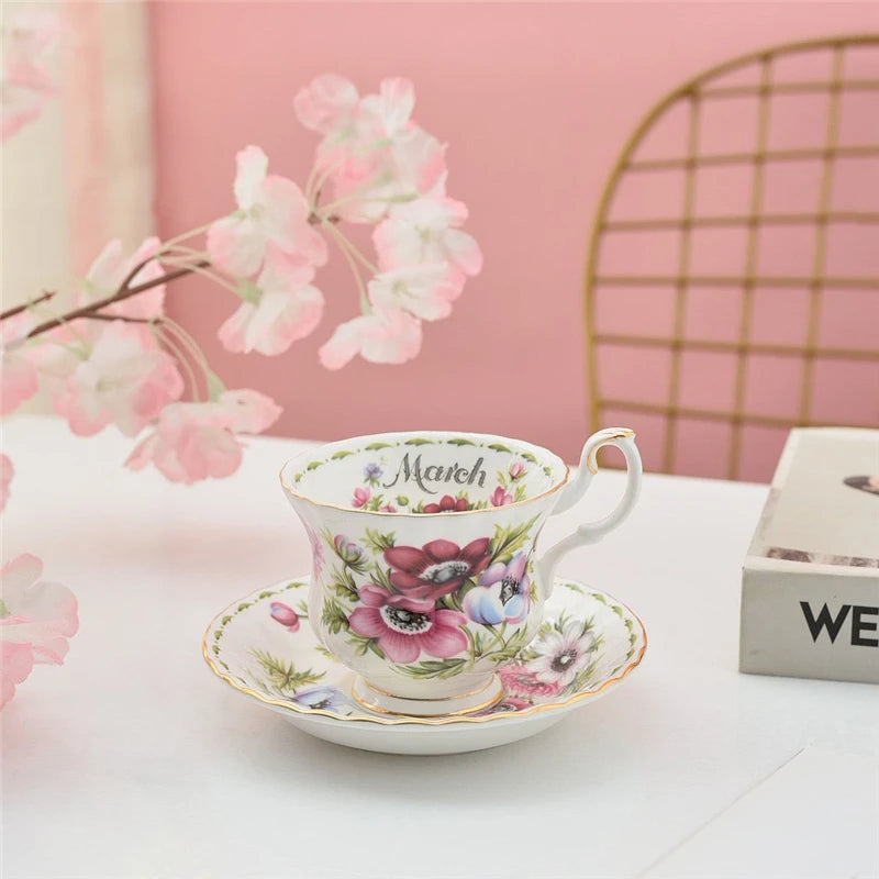 Coffee Cup and Saucer Set Month Flower Mug Bone China Drinking Set Ceramic Cup and Saucer Home Teacup Dessert Saucer Gifts