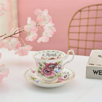 Coffee Cup and Saucer Set Month Flower Mug Bone China Drinking Set Ceramic Cup and Saucer Home Teacup Dessert Saucer Gifts