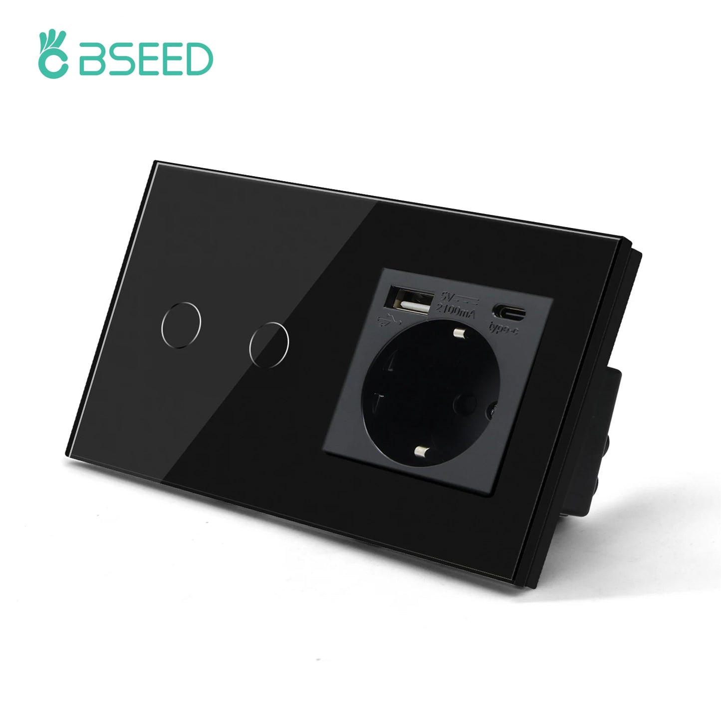 BSEED Touch-Lichtschalter mit EU-USB-Steckdosen, schwarze Wand-LED-Schalter, 1/2/3 Gang, 1-Wege-Kristall, dunkelblaue Hintergrundbeleuchtung, Wandschalter.