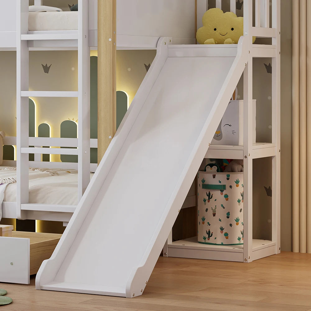 KOMHTOM Kinderetagenbett mit 2 Schubladen (mit Rollen), Kinderrutsche, 90x200cm