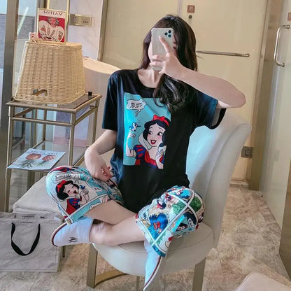 Sommer Pooh Bär Nachtwäsche frauen Lose Bequeme Cartoon Print Hause Kleidung Set Kurzarm Nachthemd Mickey Pyjama Set