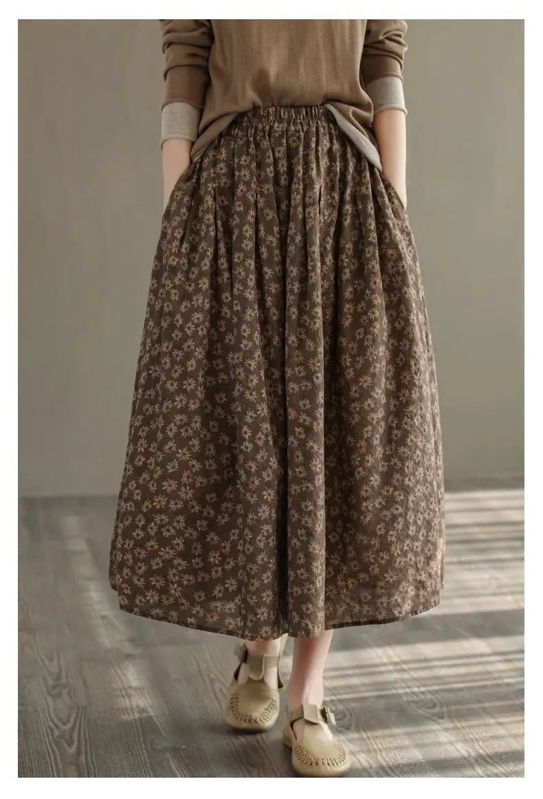 Women Casual Skirts New Arrival 2023 Autumn Vintage Style Floral Print Loose Comfortable Ladies Elegant A-line Long Skirt D536.