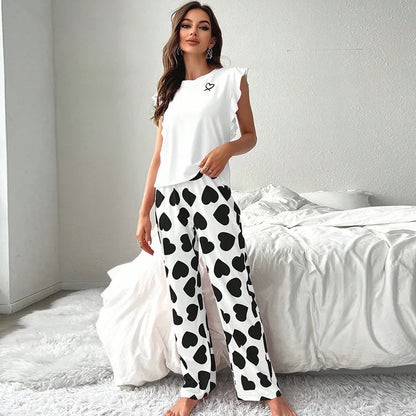 2024 White T-Shirt Women's Pajama Set Sexy Fly Sleeve Vest Pants Sleepwear Heart Print Casual Pyjamas Loungewear Spring 2-piece.